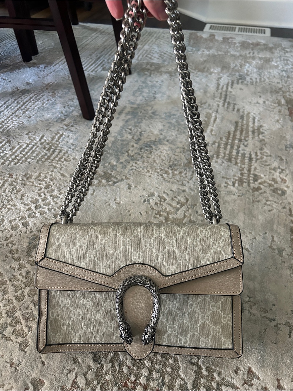 G G Taupe Leather Crossbody Bag with Zip Compartment